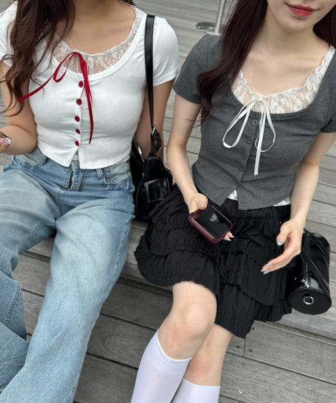 レースリボンレイヤードトップス | LO2252025 | グレー