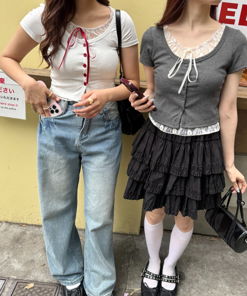 レースリボンレイヤードトップス | LO2252025 | ホワイト