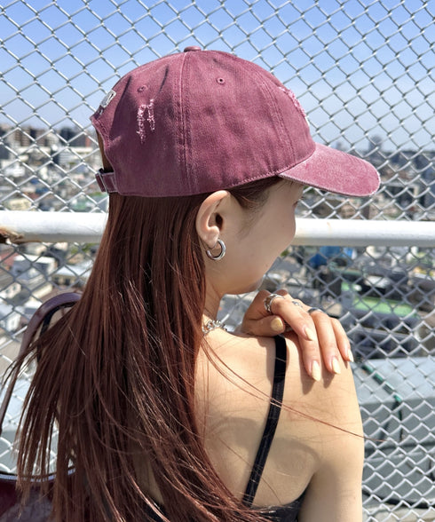 MLB KOREA(エムエルビーコリア)/ダメージ ウォッシング ロゴ刺繍 ベースボール キャップ 帽子/damage washing unstructured ball-cap | AT5252016 | ワインレッド