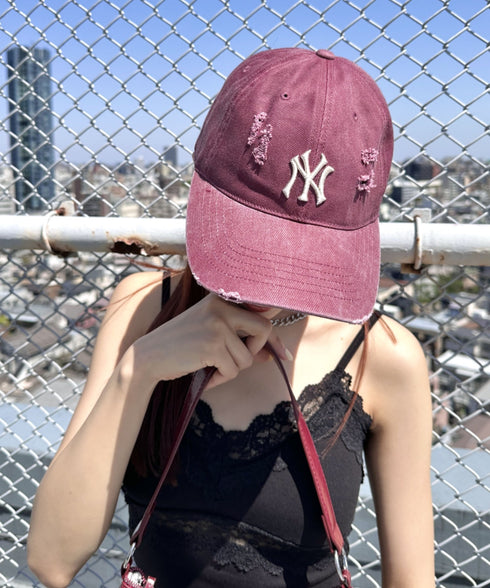 MLB KOREA(エムエルビーコリア)/ダメージ ウォッシング ロゴ刺繍 ベースボール キャップ 帽子/damage washing unstructured ball-cap | AT5252016 | ワインレッド