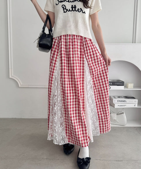 フラワーレースチェックスカート | LO2255258 | レッド