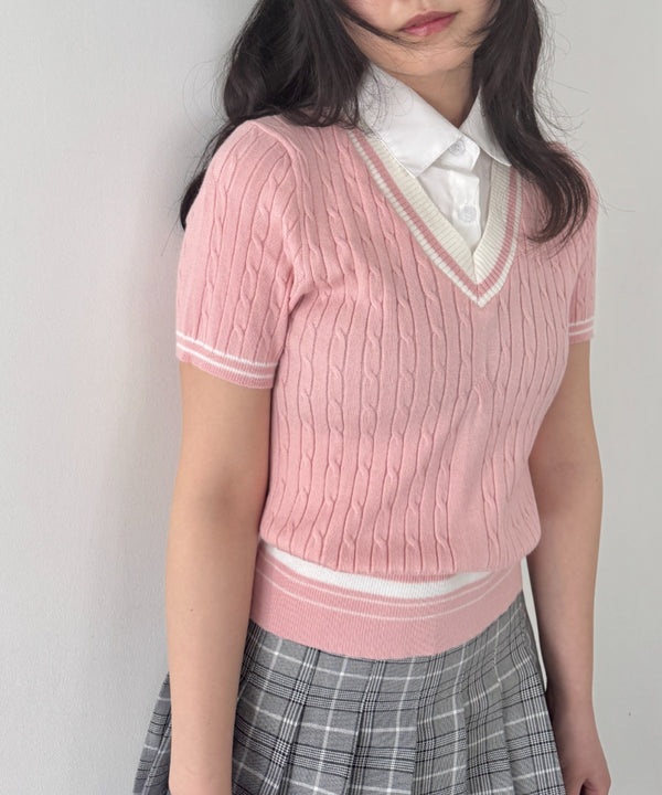 襟付きドッキングケーブルニットトップス | LO2252032 | ピンク