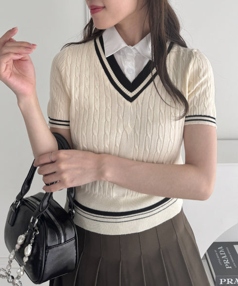 襟付きドッキングケーブルニットトップス | LO2252032 | アイボリー