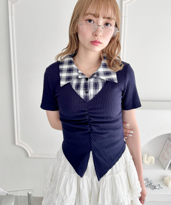 チェックカラードッキングリブニットトップス | LO2252036 | ネイビー
