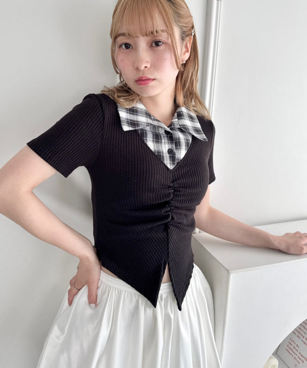 チェックカラードッキングリブニットトップス | LO2252036 | ブラック