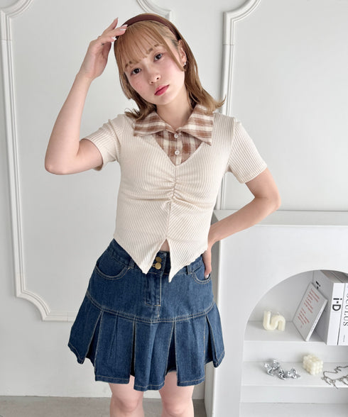 チェックカラードッキングリブニットトップス | LO2252036 | アイボリー