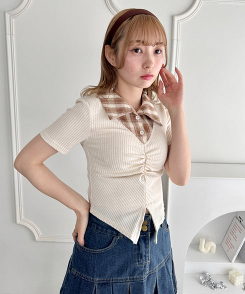 チェックカラードッキングリブニットトップス | LO2252036 | アイボリー