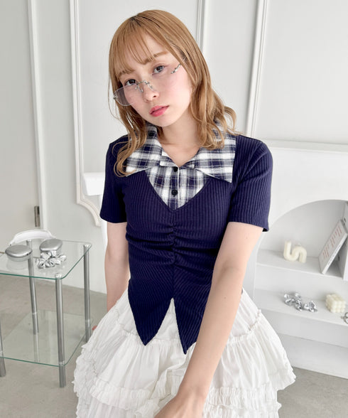 チェックカラードッキングリブニットトップス | LO2252036 | ネイビー