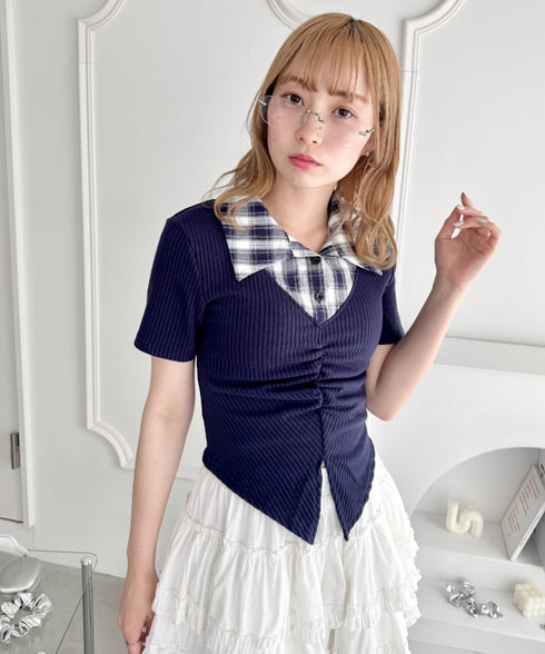 チェックカラードッキングリブニットトップス | LO2252036 | ネイビー