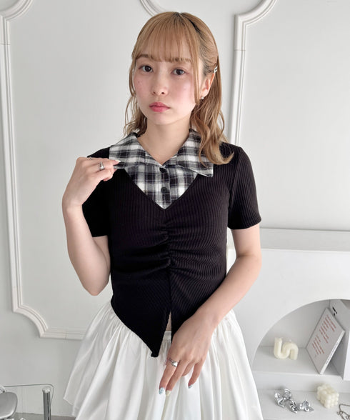 チェックカラードッキングリブニットトップス | LO2252036 | ブラック