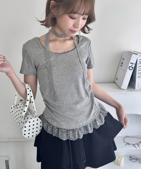 レースチョーカー付き裾フリルトップス | LO2252037 | グレー