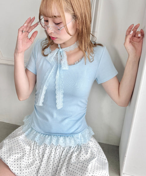レースチョーカー付き裾フリルトップス | LO2252037 | ライトブルー