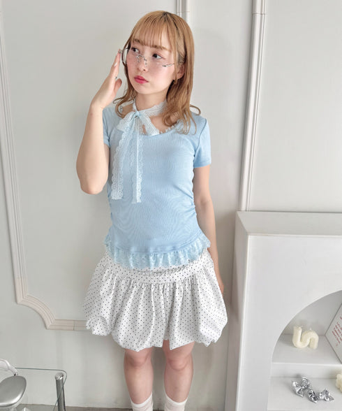 レースチョーカー付き裾フリルトップス | LO2252037 | ライトブルー