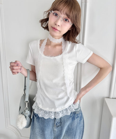 レースチョーカー付き裾フリルトップス | LO2252037 | オフホワイト