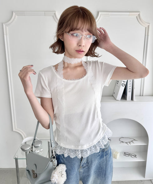 レースチョーカー付き裾フリルトップス | LO2252037 | オフホワイト