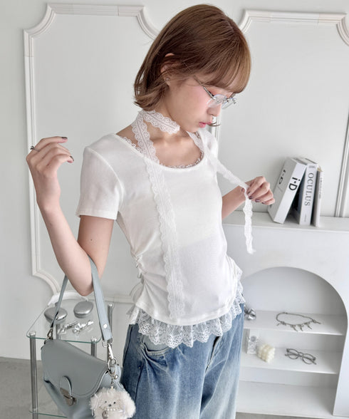 レースチョーカー付き裾フリルトップス | LO2252037 | オフホワイト