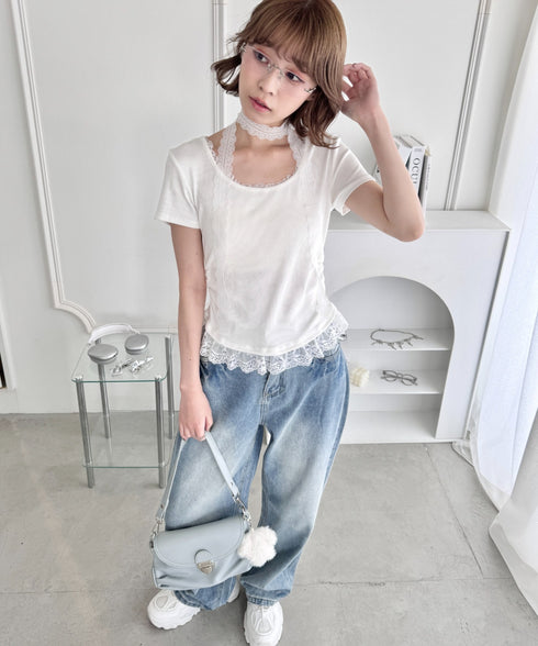 レースチョーカー付き裾フリルトップス | LO2252037 | オフホワイト