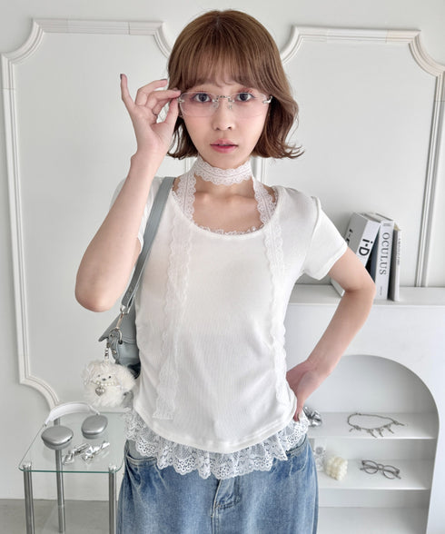 レースチョーカー付き裾フリルトップス | LO2252037 | オフホワイト