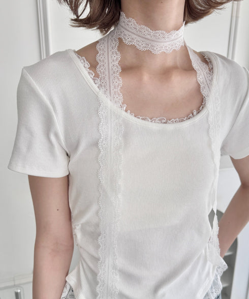 レースチョーカー付き裾フリルトップス | LO2252037 | オフホワイト
