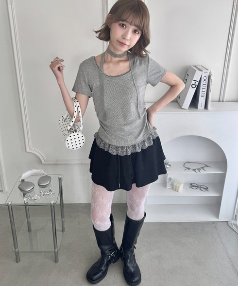 レースチョーカー付き裾フリルトップス | LO2252037 | グレー