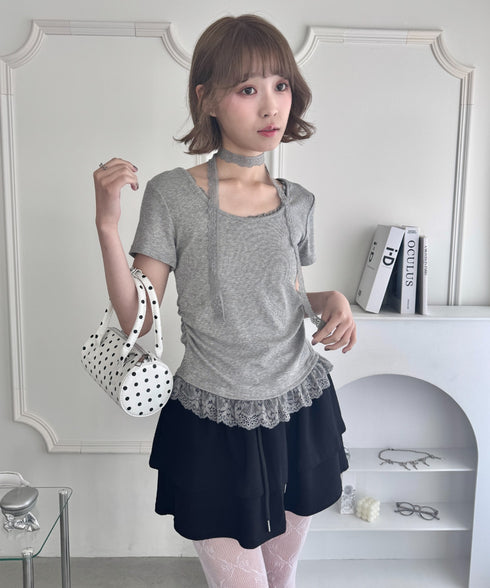 レースチョーカー付き裾フリルトップス | LO2252037 | グレー