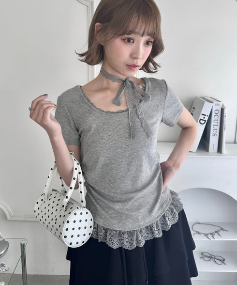 レースチョーカー付き裾フリルトップス | LO2252037 | グレー