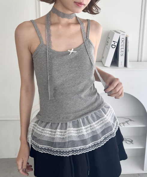 【カップ付き】裾フリルリブキャミソール | LO2255260 | グレー