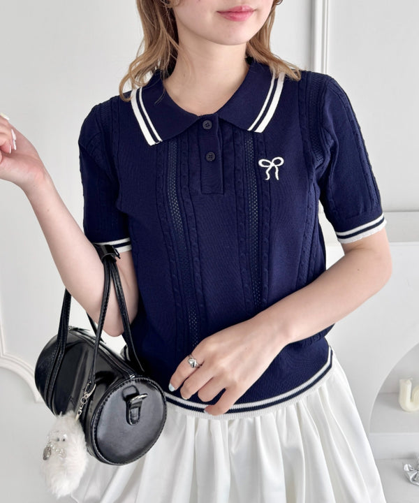 リボン刺繍ケーブルポロニット | LO2252039 | ネイビー