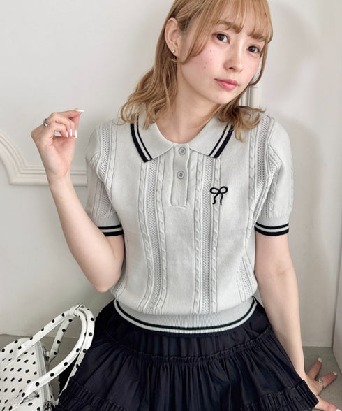 リボン刺繍ケーブルポロニット | LO2252039 | グレー