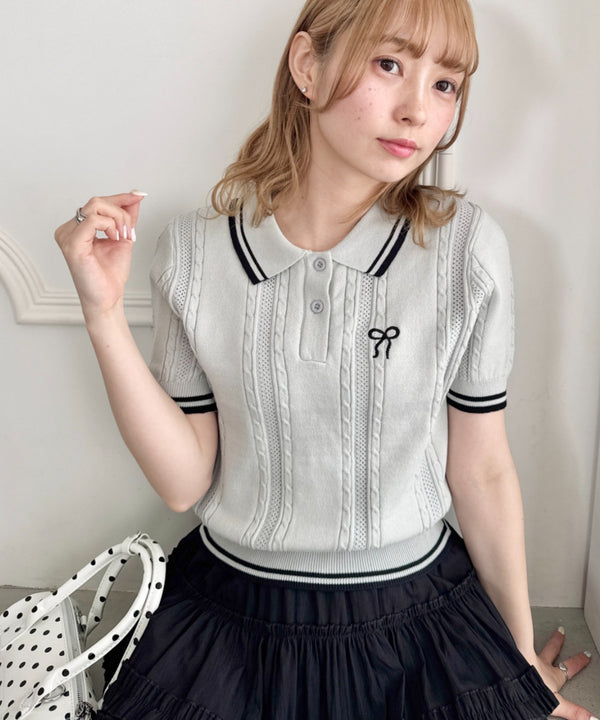 リボン刺繍ケーブルポロニット | LO2252039 | グレー