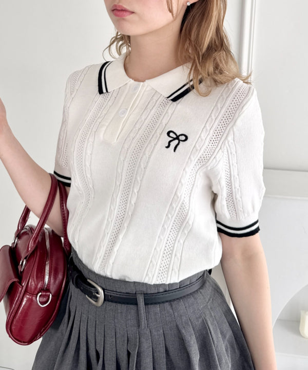 リボン刺繍ケーブルポロニット | LO2252039 | ホワイト