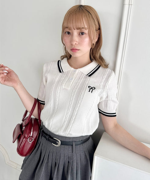 リボン刺繍ケーブルポロニット | LO2252039 | ホワイト