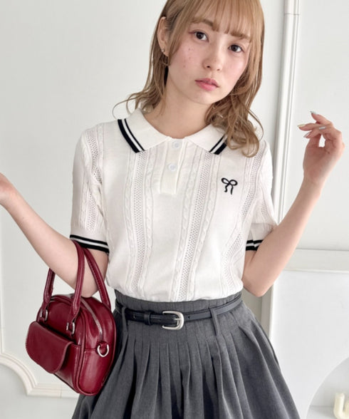 リボン刺繍ケーブルポロニット | LO2252039 | ホワイト