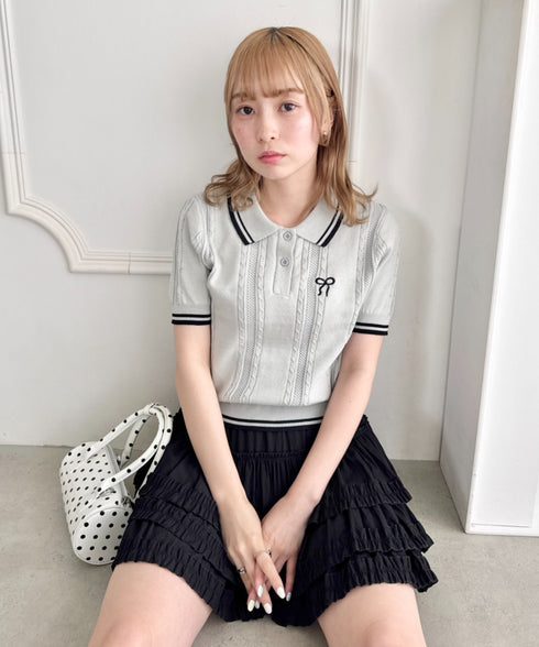 リボン刺繍ケーブルポロニット | LO2252039 | グレー