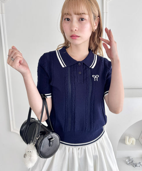 リボン刺繍ケーブルポロニット | LO2252039 | ネイビー