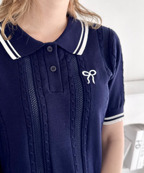 リボン刺繍ケーブルポロニット | LO2252039 | ネイビー