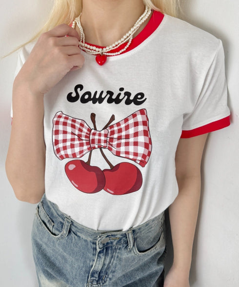 チェリーリボン半袖リンガーTシャツ | SL2252019 | レッド