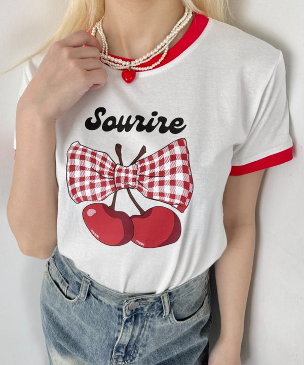 チェリーリボン半袖リンガーTシャツ | SL2252019 | レッド