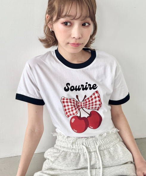 チェリーリボン半袖リンガーTシャツ | SL2252019 | ネイビー