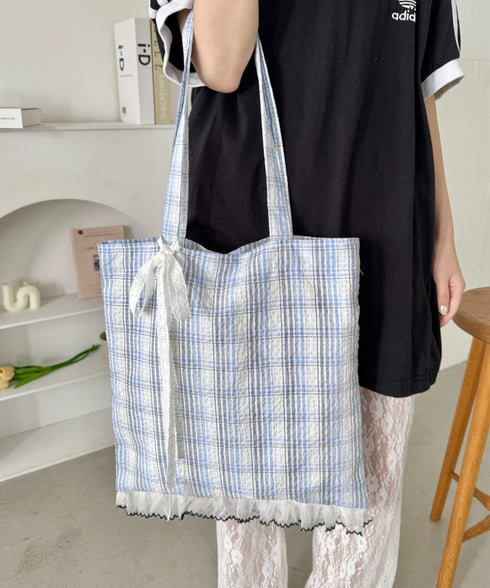 フリルチェックトートバッグ | SL1255077 | ブルー