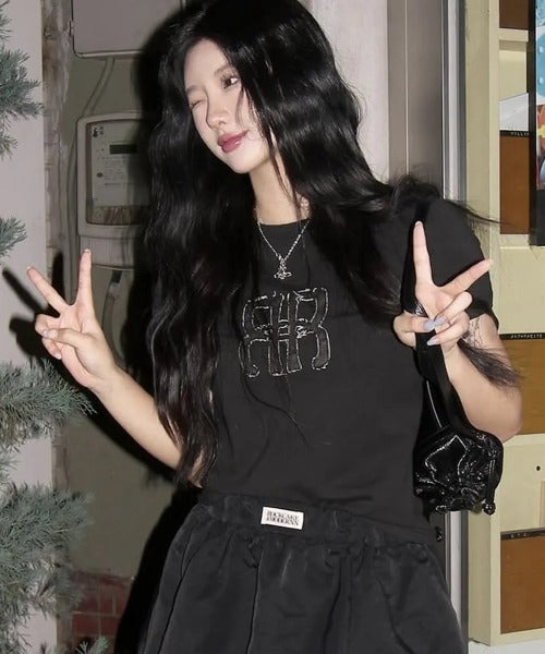 ROCKCAKE(ロックケーキ)/スクエア デニム ロゴ トップス 半袖 Tシャツ/Square Logo Denim Top | AT2252053 | ブラック