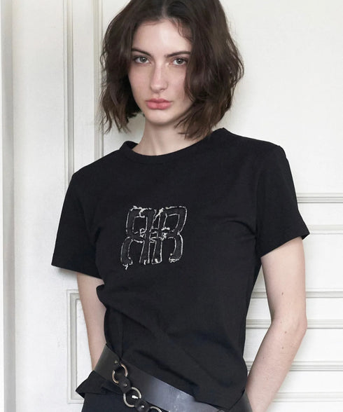 ROCKCAKE(ロックケーキ)/スクエア デニム ロゴ トップス 半袖 Tシャツ/Square Logo Denim Top | AT2252053 | ブラック