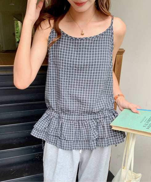 チェック柄フリルティアードキャミソール | EV2252035 | ブラック