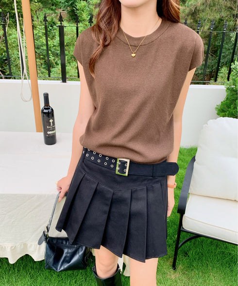 クルーネックフレンチスリーブ半袖ニット | EV2252050 | ブラウン