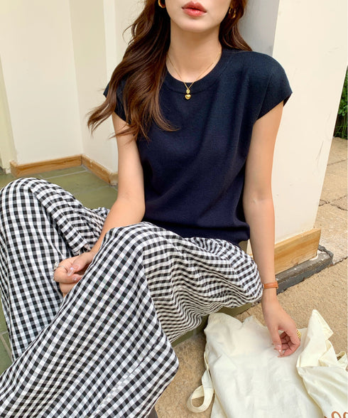 クルーネックフレンチスリーブ半袖ニット | EV2252050 | ブラック