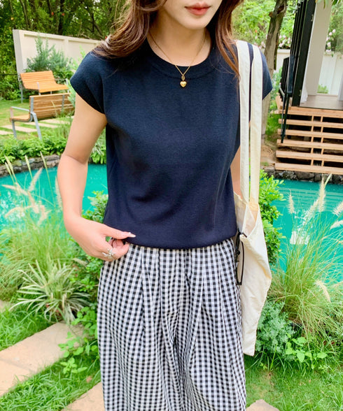 クルーネックフレンチスリーブ半袖ニット | EV2252050 | ブラック