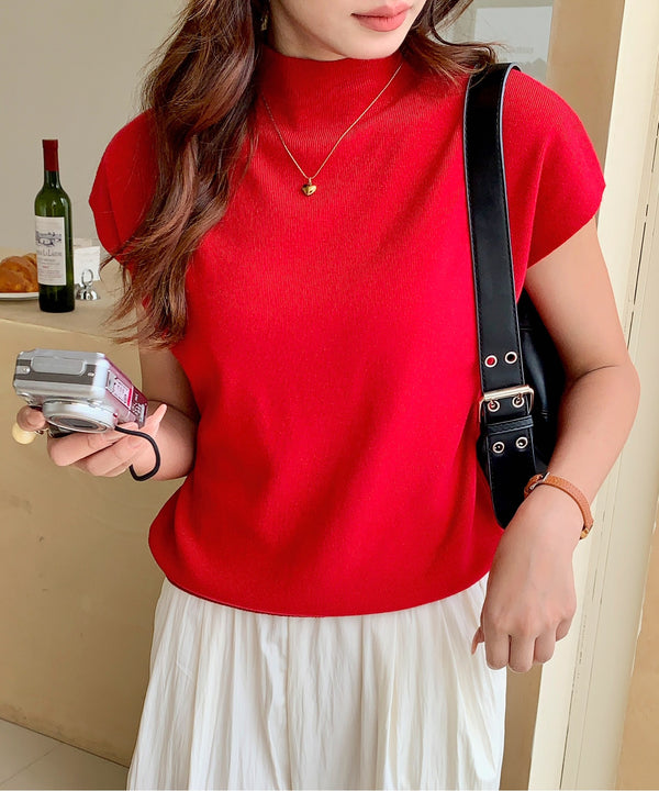 ハイネックフレンチスリーブ半袖ニット | EV2252051 | レッド