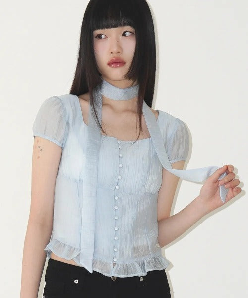 ILLIGO(イリゴ)/チョーカー付き リボン タイ スクエアネック ブラウス/RIBBON TIE SQUARE NECK BLOUSE | AT2252071 | ブルー