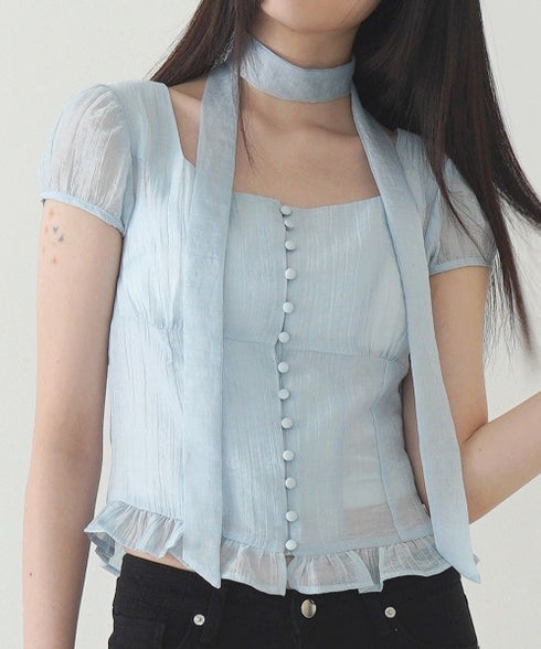 ILLIGO(イリゴ)/チョーカー付き リボン タイ スクエアネック ブラウス/RIBBON TIE SQUARE NECK BLOUSE | AT2252071 | ブルー