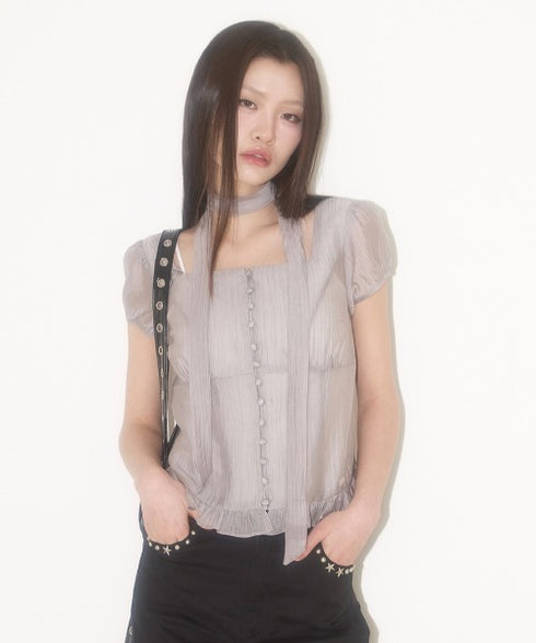 ILLIGO(イリゴ)/チョーカー付き リボン タイ スクエアネック ブラウス/RIBBON TIE SQUARE NECK BLOUSE | AT2252071 | グレー